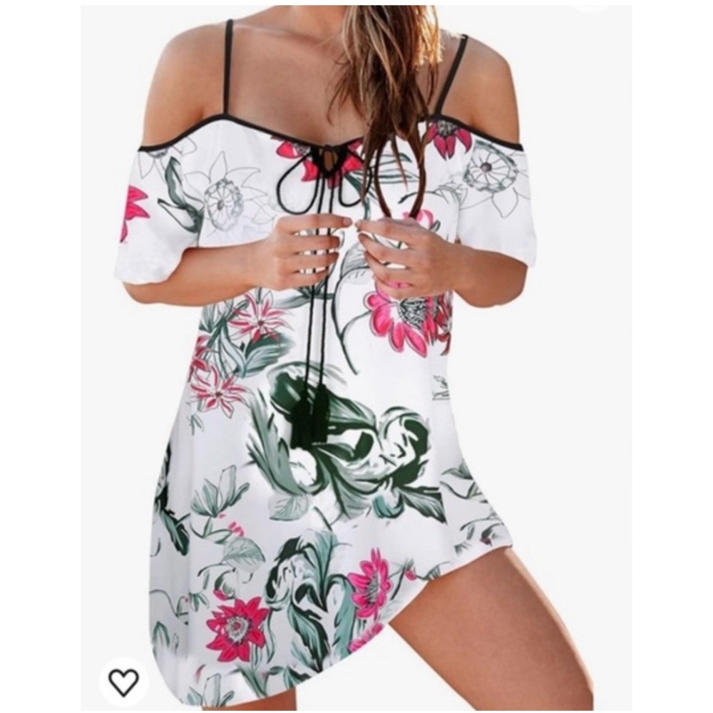 NWT UPOPBY Cold-Shoulder Flower Print Mini Dress in Pink/White XXL